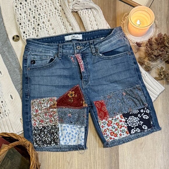 Upcycled Patchwork Denim Shorts, Boho Festival Shorts with Mixed Floral Patches - Picture 1 of 7